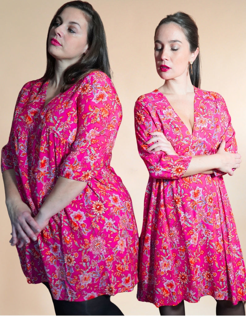 La robe Olympe - Imprimé Rose - En stock - elleanor de provence, garde robe made in france