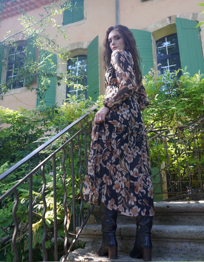 La robe Roussillon - Imprimé Fleuri Noir et Chocolat - En cours de confection -10% - elleanor de provence, garde robe made in france