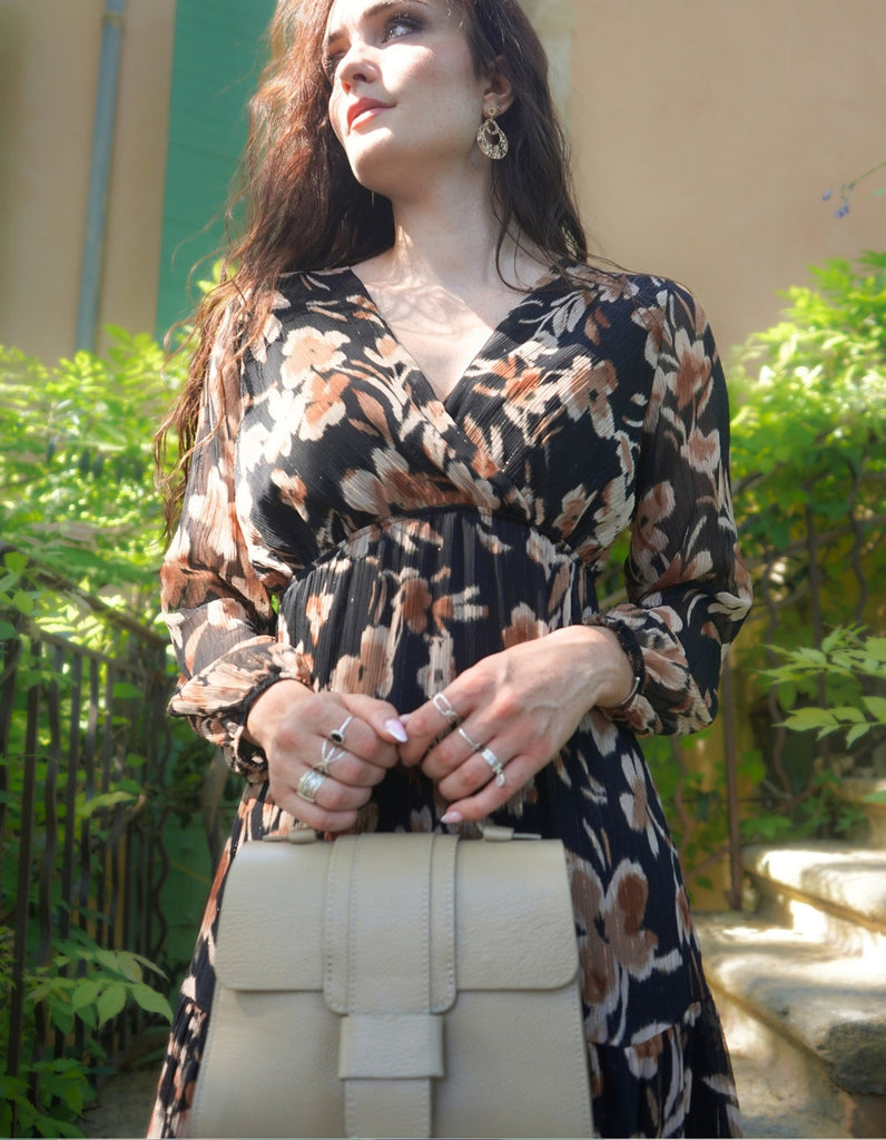 La robe Roussillon - Imprimé Fleuri Noir et Chocolat - En cours de confection -10% - elleanor de provence, garde robe made in france