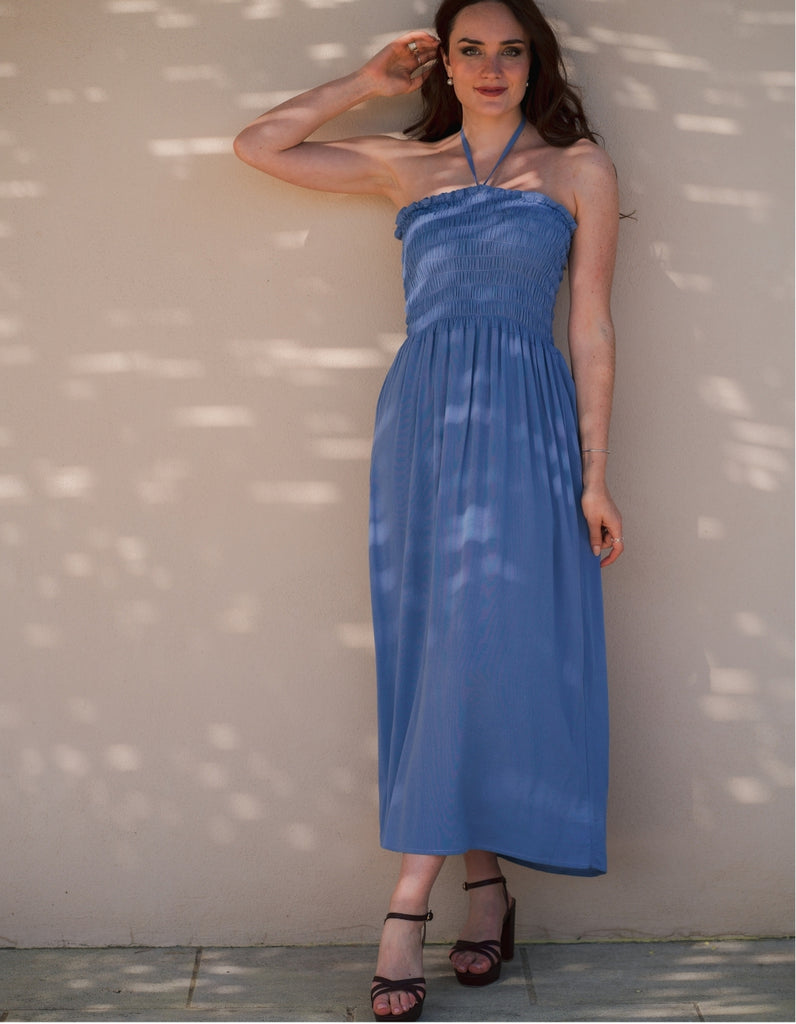 La robe Lavandou Bustier - Bleu Lavande - En stock - elleanor de provence, garde robe made in france