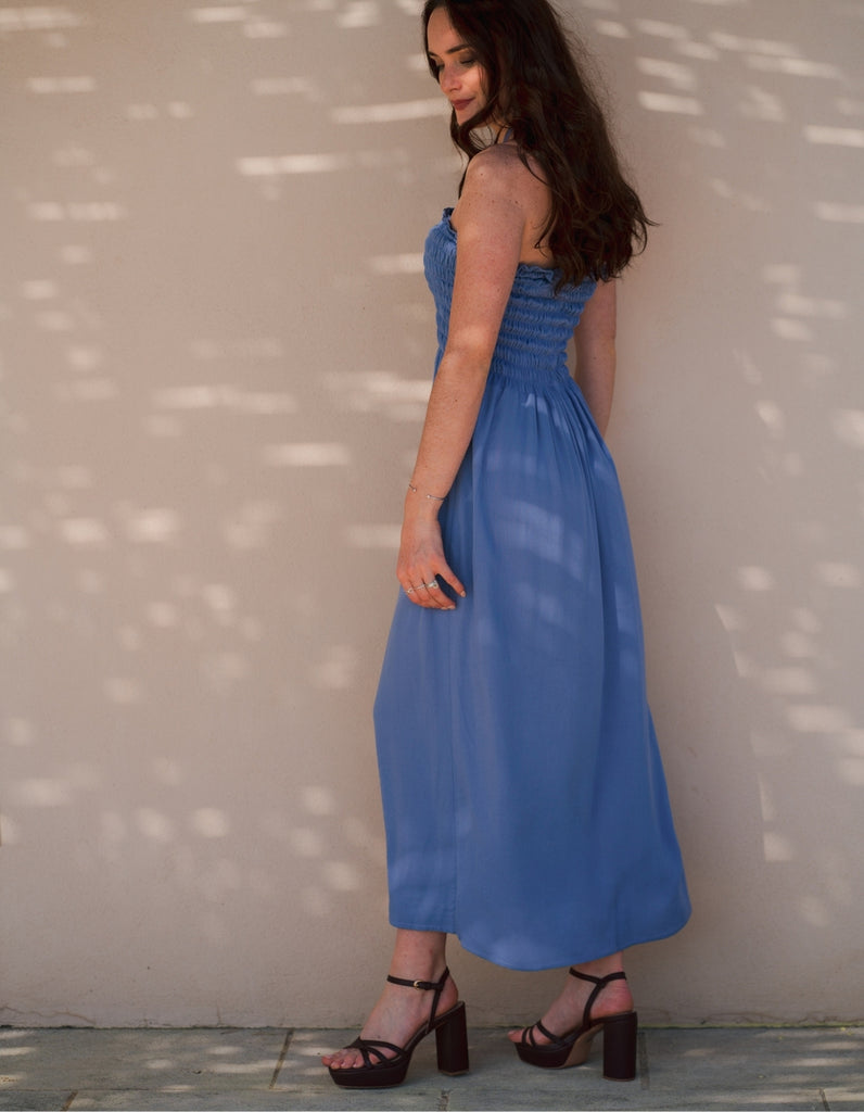 La robe Lavandou Bustier - Bleu Lavande - En stock - elleanor de provence, garde robe made in france