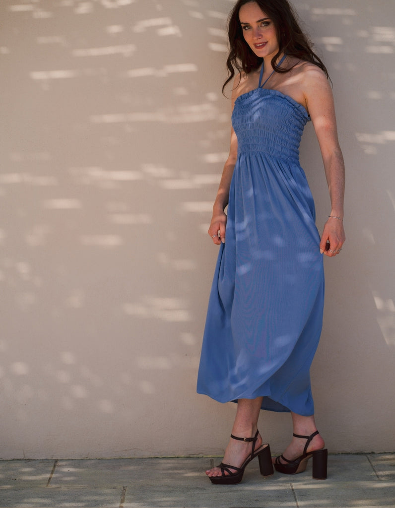 La robe Lavandou Bustier - Bleu Lavande - En stock - elleanor de provence, garde robe made in france