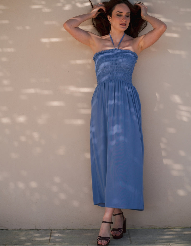 La robe Lavandou Bustier - Bleu Lavande - En stock - elleanor de provence, garde robe made in france