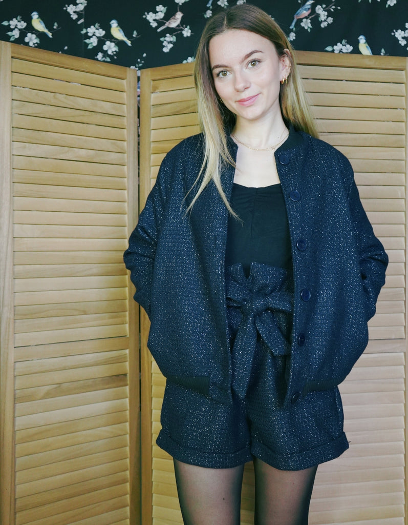 Le short Adèle Tweed Noir Paillette - En stock - elleanor de provence, garde robe made in france