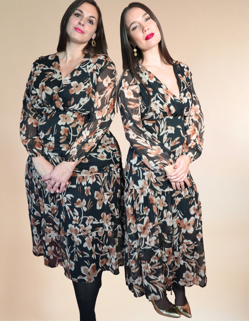 La robe Roussillon - Imprimé Fleuri Noir et Chocolat - En stock - elleanor de provence, garde robe made in france