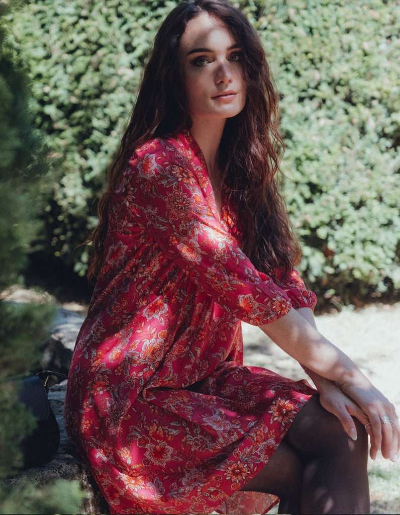 La robe Olympe - Imprimé Rose - En stock - elleanor de provence, garde robe made in france