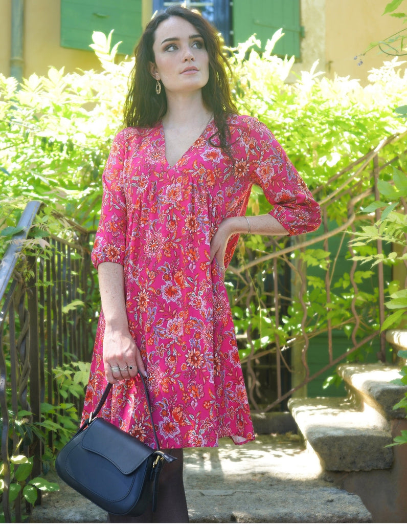 La robe Olympe - Imprimé Rose - En stock - elleanor de provence, garde robe made in france