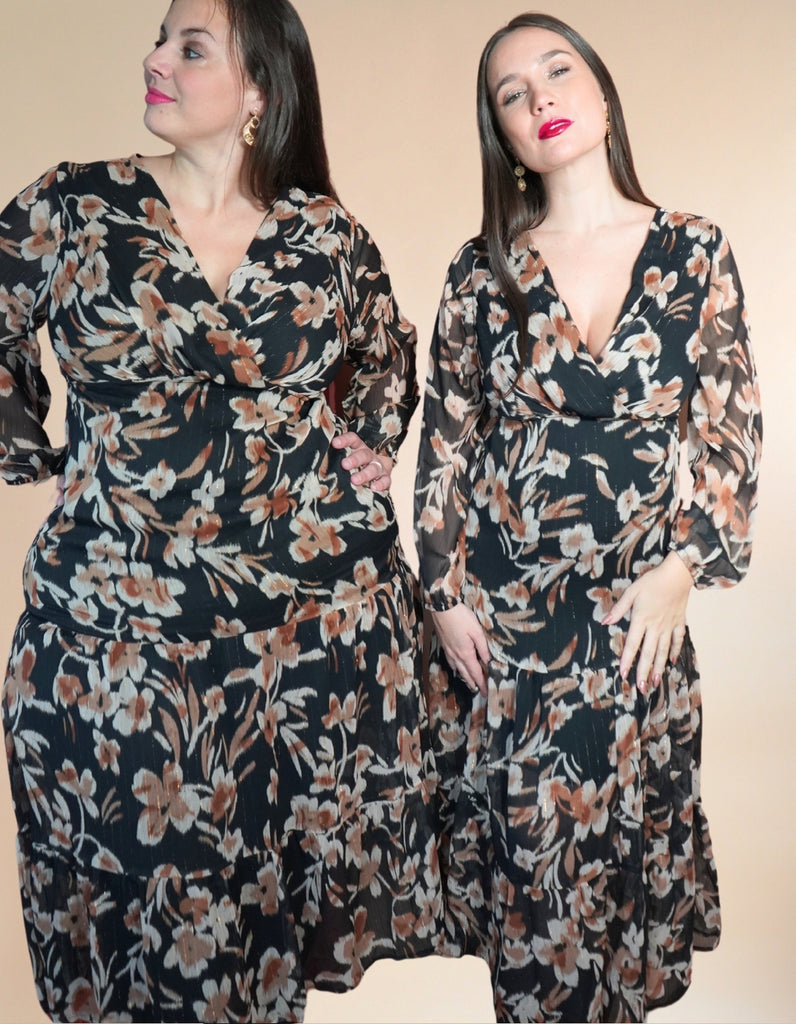 La robe Roussillon - Imprimé Fleuri Noir et Chocolat - En stock - elleanor de provence, garde robe made in france