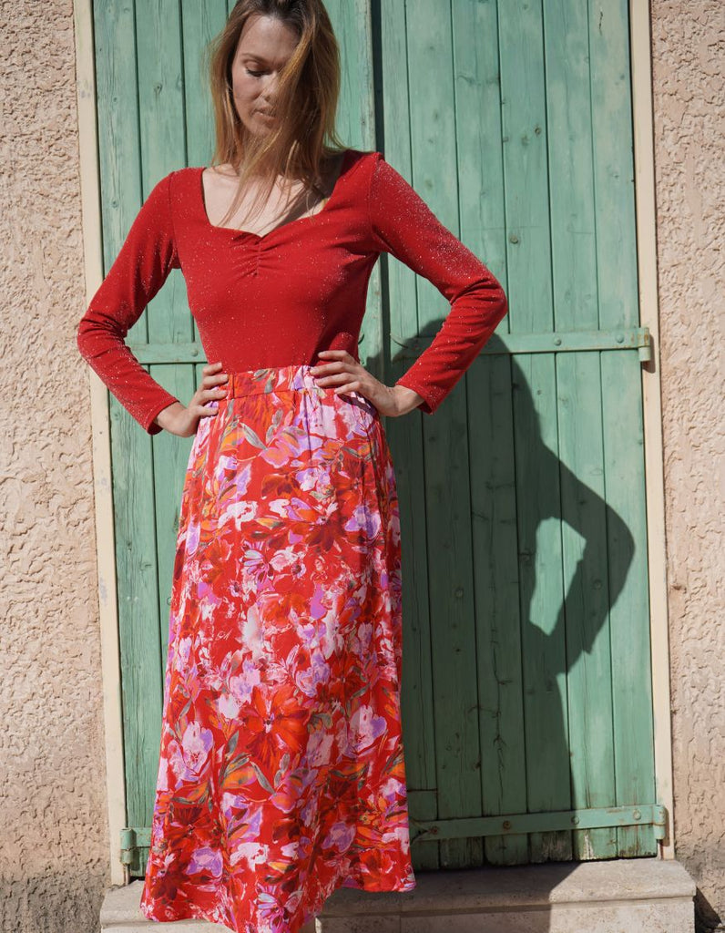 La Jupe longue Èze - Rouge Satin - En Stock - elleanor de provence, garde robe made in france