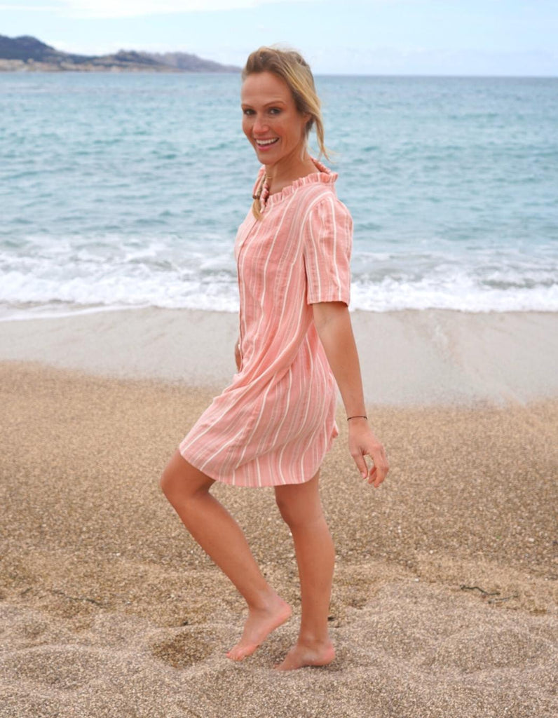 La robe Chloé rayée rose - En stock - elleanor de provence, garde robe made in france