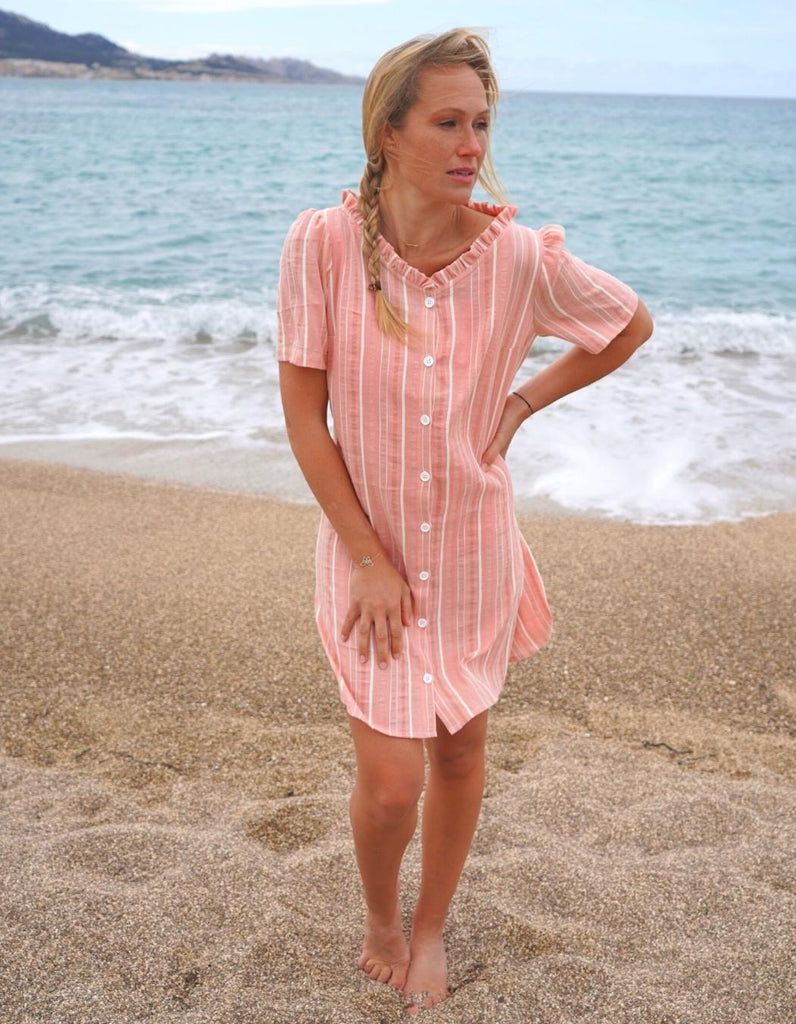 La robe Chloé rayée rose - En stock - elleanor de provence, garde robe made in france