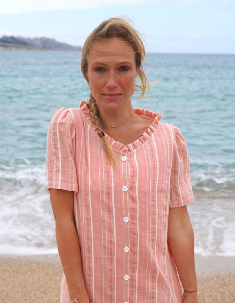 La robe Chloé rayée rose - En stock - elleanor de provence, garde robe made in france