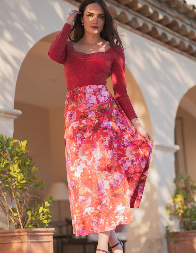 La Jupe longue Èze - Rouge Satin - En Stock - elleanor de provence, garde robe made in france