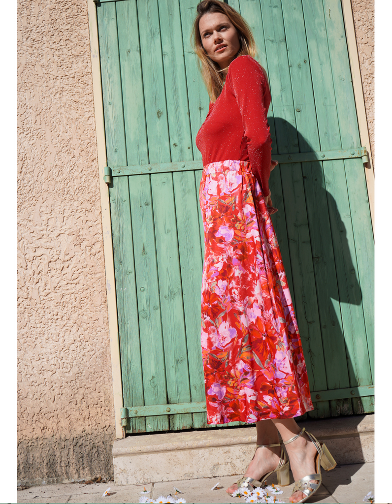 La Jupe longue Èze - Rouge Satin - En Stock - elleanor de provence, garde robe made in france