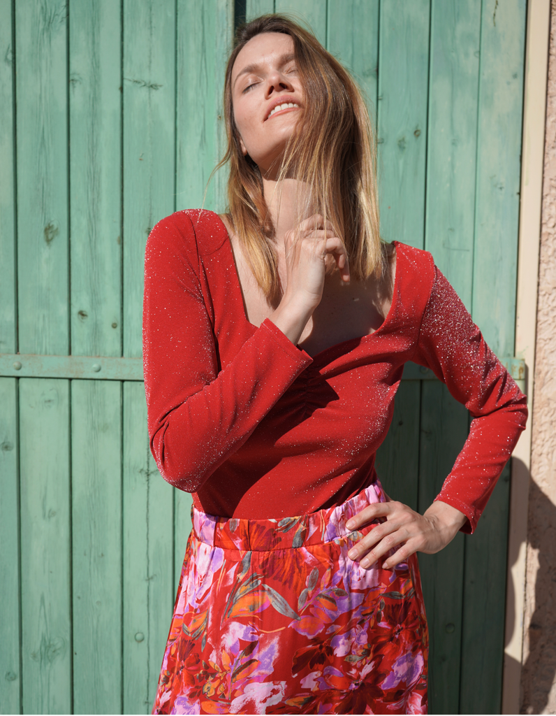 La Jupe longue Èze - Rouge Satin - En Stock - elleanor de provence, garde robe made in france