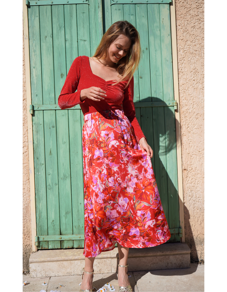 La Jupe longue Èze - Rouge Satin - En Stock - elleanor de provence, garde robe made in france