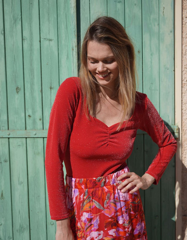 La Jupe longue Èze - Rouge Satin - En Stock - elleanor de provence, garde robe made in france