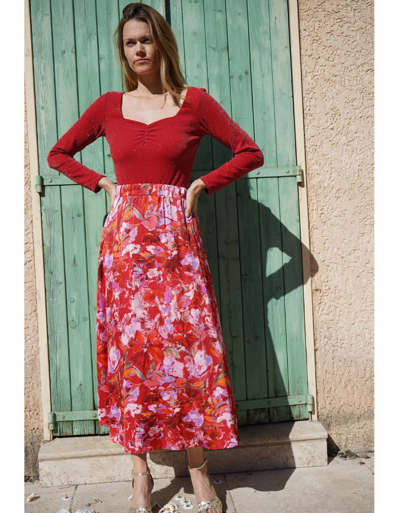 La Jupe longue Èze - Rouge Satin - En Stock - elleanor de provence, garde robe made in france